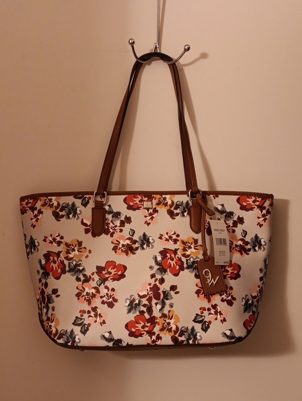 Nine West Floral Tote with Brown Trim